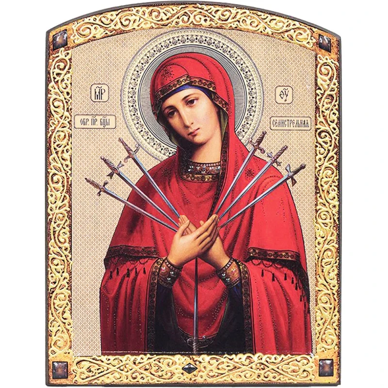 Ікона Свята Богородиця Семистрільна арочна на дереві 21х28 см (М-00212518) Ікона Свята Богородиця Семистрільна арочна на дереві 21х28 см (М-00212518)