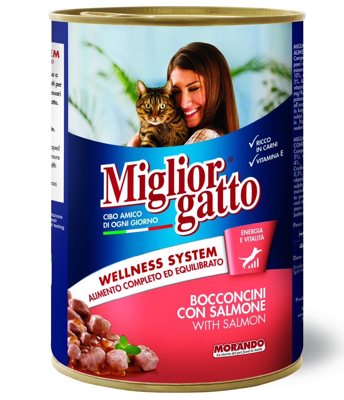 Корм вологий для дорослих котів Migliorgatto у вигляді шматочків з лососем 405 г (27336670)