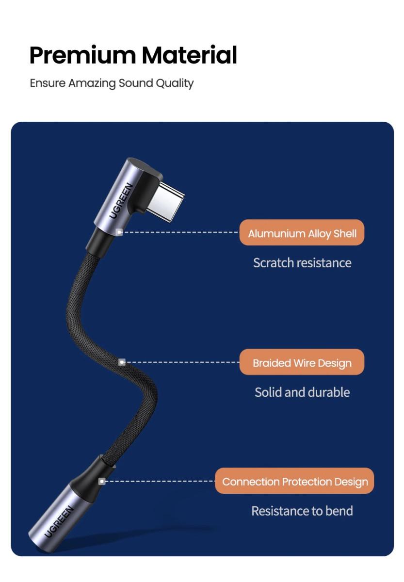 Переходник Ugreen 90° с Type-C на 3,5 Aux 0,1 м Серый - фото 6