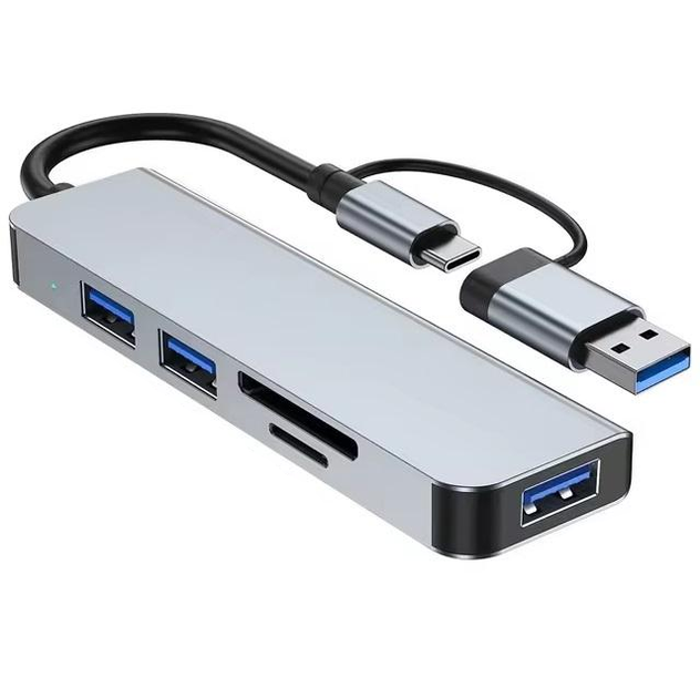 Картридер универсальный 5в1 USB A и USB C с двумя интерфейсами: 1USB 3.0/2USB 2.0/1TF/1SD металлический корпус (23666220)