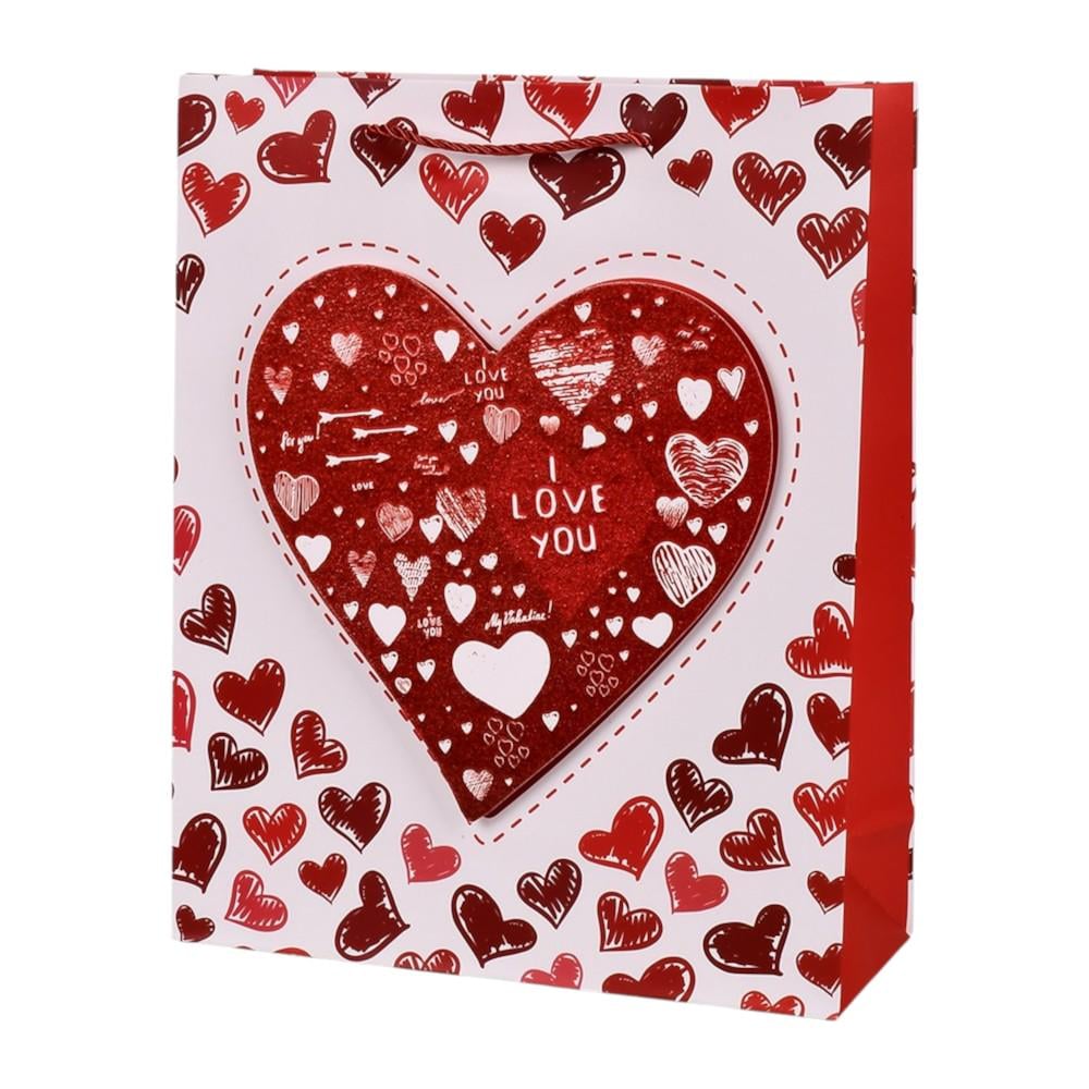 Пакет із ручками Stenson Love You 3D №2 26х32х10 см Білий з червоним (R98493-M)