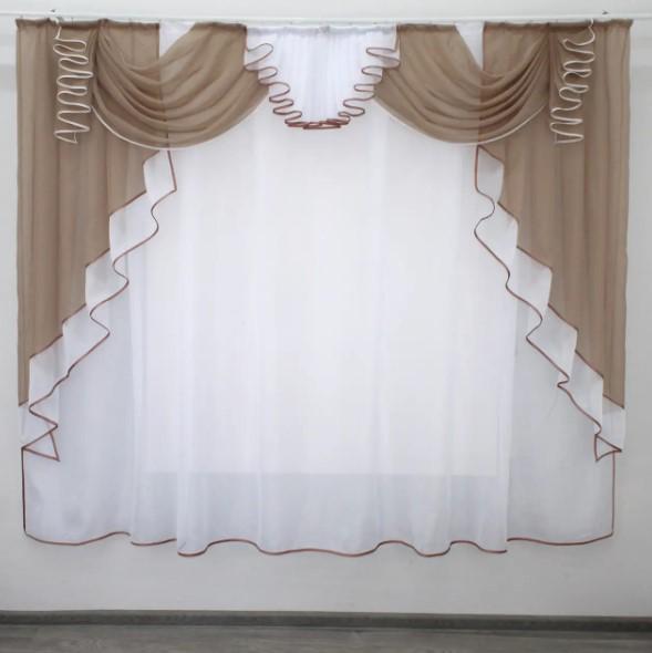 Тюль/ламбрекен на кухню 200х170 см Темно-бежевый/Белый (107к)