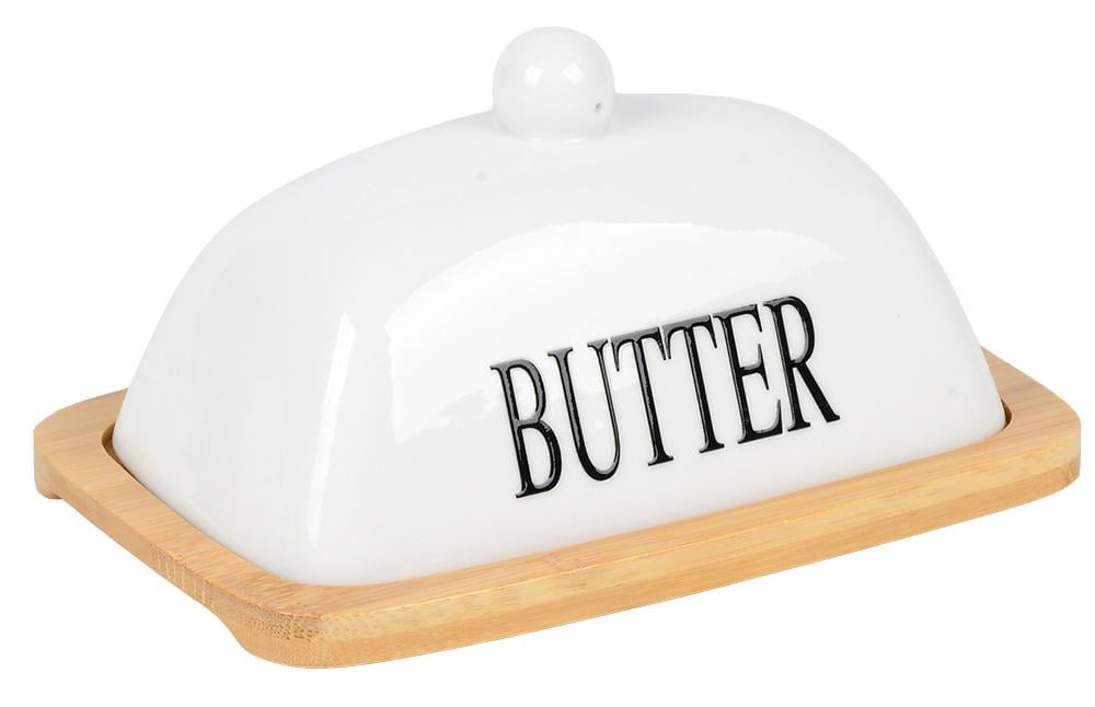 Маслянка Stenson Butter з бамбуковою основою та керамічною кришкою 18,2×12×9 см (31568)