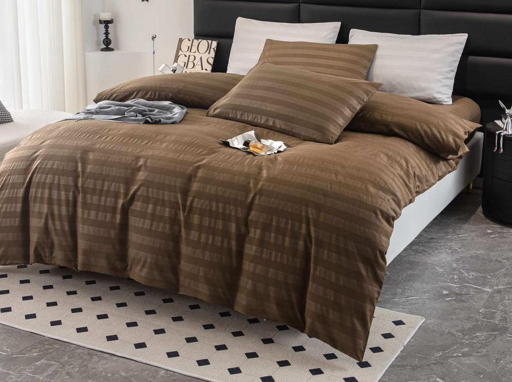 Комплект постельного белья Cotton home Colorful home евро с простыней на резинке сатин страйп UT-30-4-18-6 Шоколадный (DR012843)