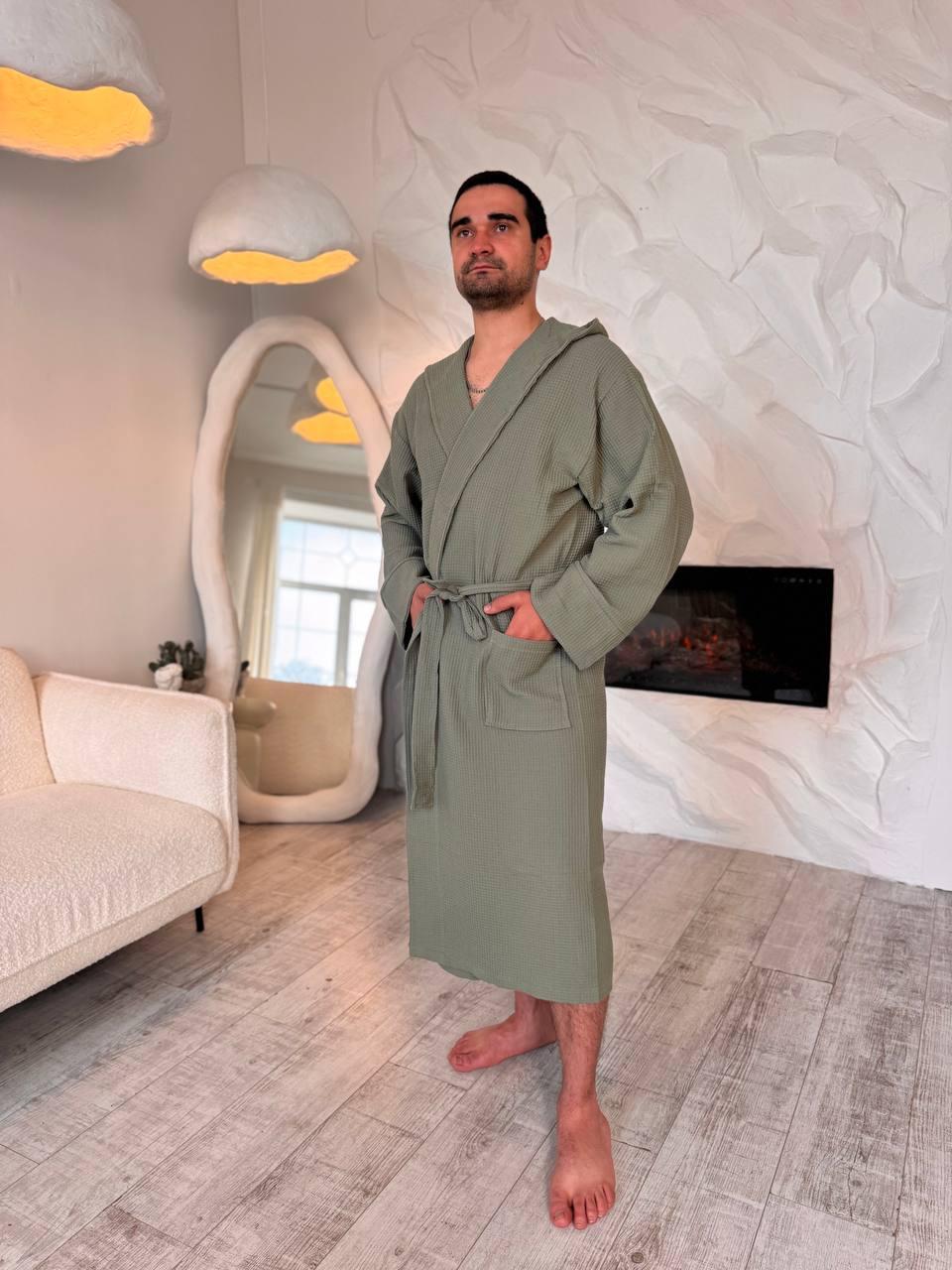 Халат банный мужской XL/XXL Оливковый (Д-al-hal-vafel-m-002-02)