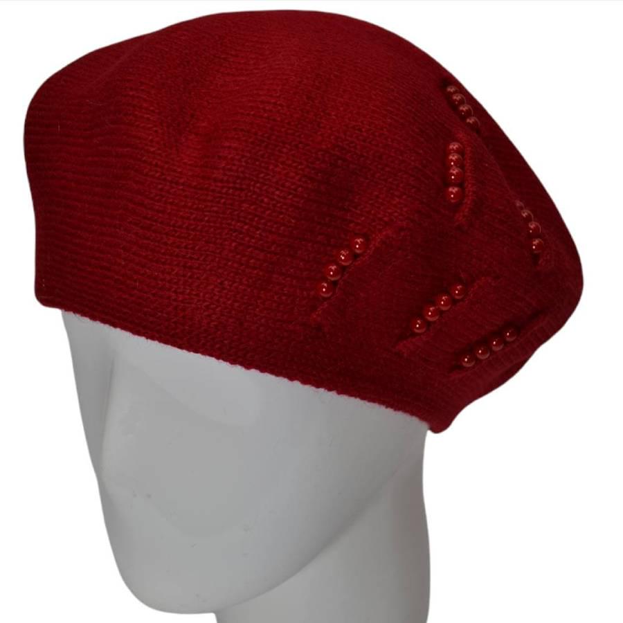 Берет жіночий Lirus Вишня з подвійної вовни з намистинами Червоний