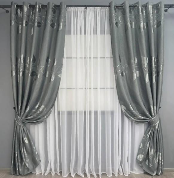 Комплект штор Листья на люверсах лен 1,5х2,5 м 2 шт. Серый (1692ш)