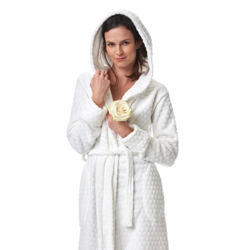 Халат женский KEY LGL 179 B23 с капюшоном и боковыми карманами плюшевый L/XL Белый (2417440559) - фото 4