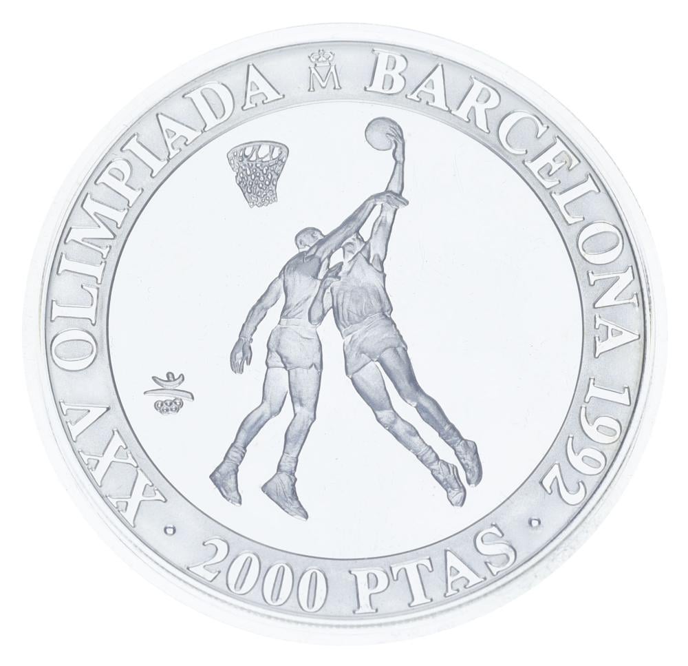 Коллекционная монета Испания 2000 песет 1990 Серебро Proof XXV летние Олимпийские игры в Барселоне 1992 года-Баскетбол (М23304)