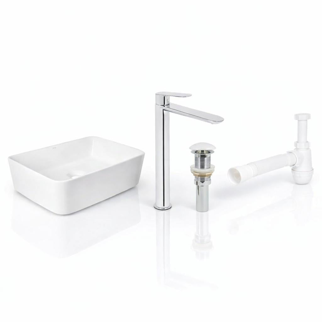 Комплект для ванной Премиум накладная раковина Tern White 480х370/высокий смеситель Evia Chrome/донный клапан/сифон