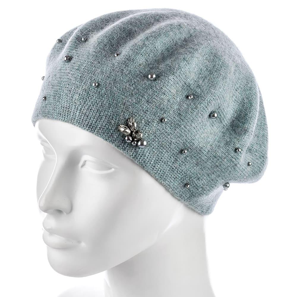 Берет ангоровый Actrics WH767 двойной с бусинами L р. 57-58 Мятный