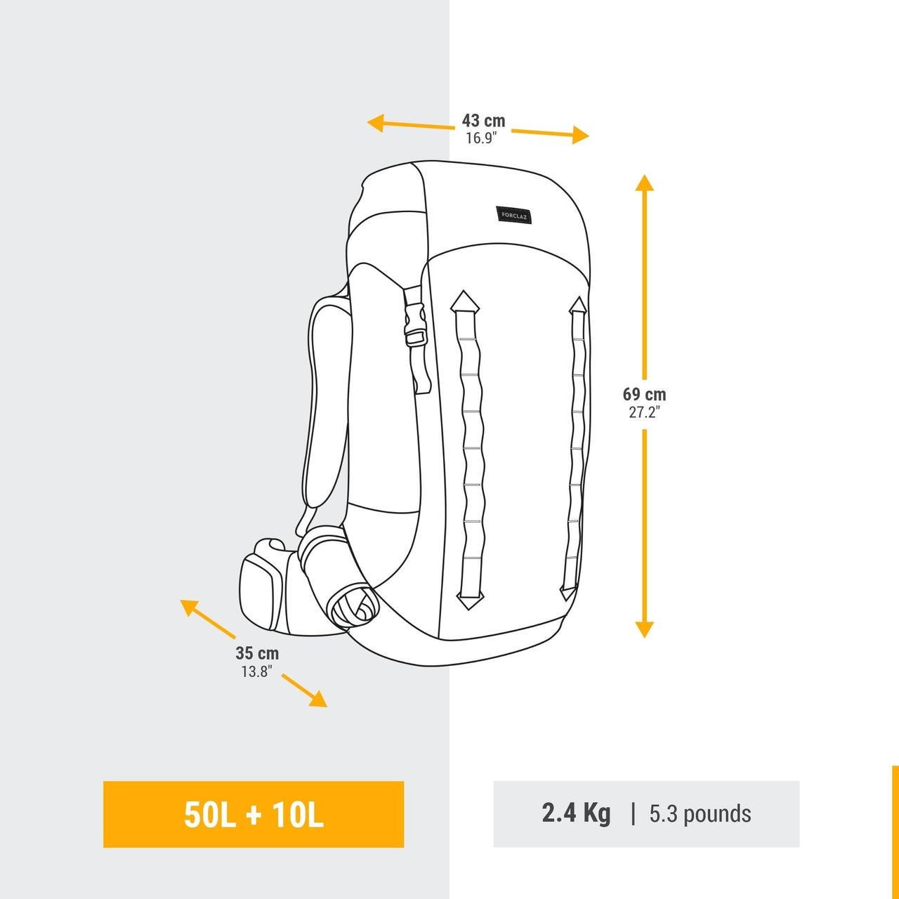 Рюкзак туристичний для трекінгу FORCLAZ MT900 Symbium 50 л + 10 л 69x43x35 см з дощовиком Сірий - фото 2