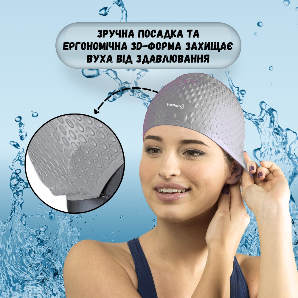Шапочка для плавання для довгого волосся Hechpro Сірий (1696) - фото 10 Шапочка для плавання для довгого волосся Hechpro Сірий (1696) - фото 10