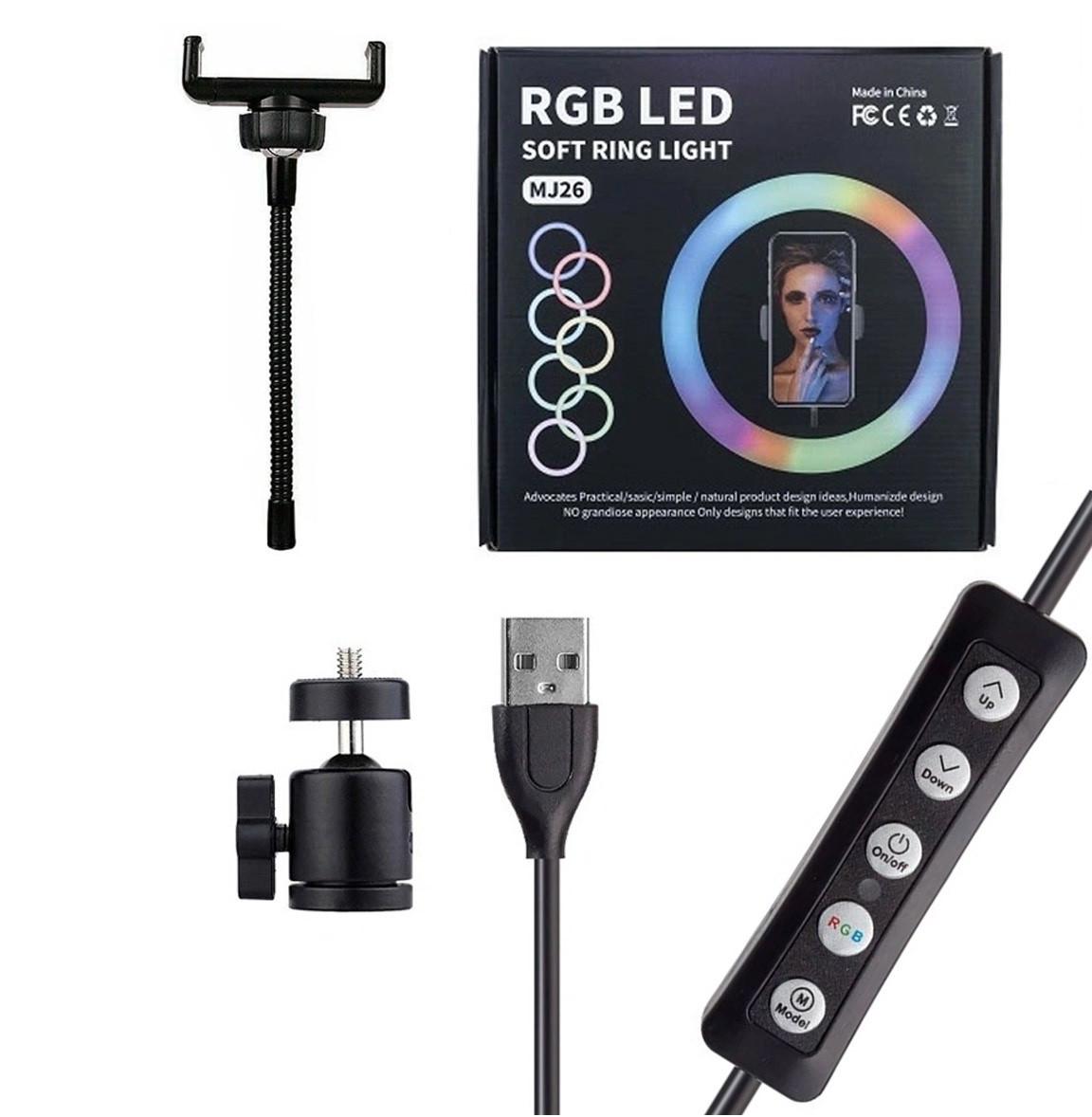 Кольцевая лампа RIAS MJ26 LED RGB с держателем USB управление на проводе 26 см Разноцветный - фото 3