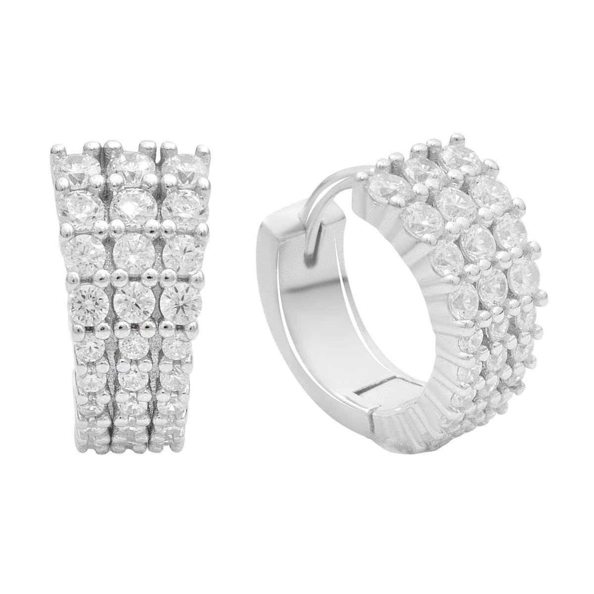 Срібні сережки-кільця з трирядною інкрустацією фіанітів