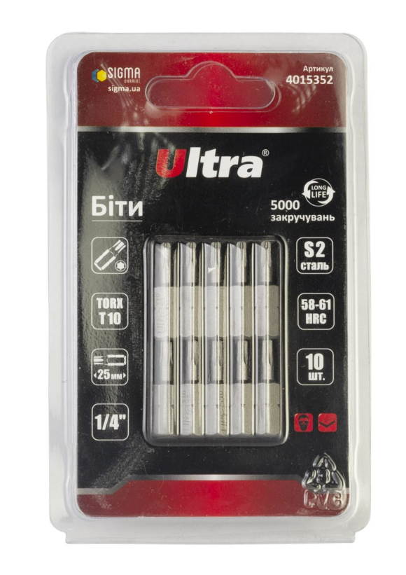 Біти Ultra Torx 10x25 мм 1/4" 10 шт. S2 в блістері (4015352)