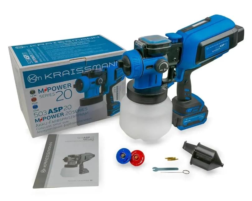 Фарборозпилювач KRAISSMANN 503 ASP 20 MP 1,8/2,5/3,0 мм латунні сопла LED-підсвічування 1 АКБ-4Аг, та ЗП - фото 7 Фарборозпилювач KRAISSMANN 503 ASP 20 MP 1,8/2,5/3,0 мм латунні сопла LED-підсвічування 1 АКБ-4Аг, та ЗП - фото 7