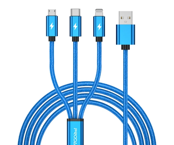 Кабель USB Proda PD-B59th 3в1 USB to Lightning/Type-C/MicroUSB Blue - фото 1