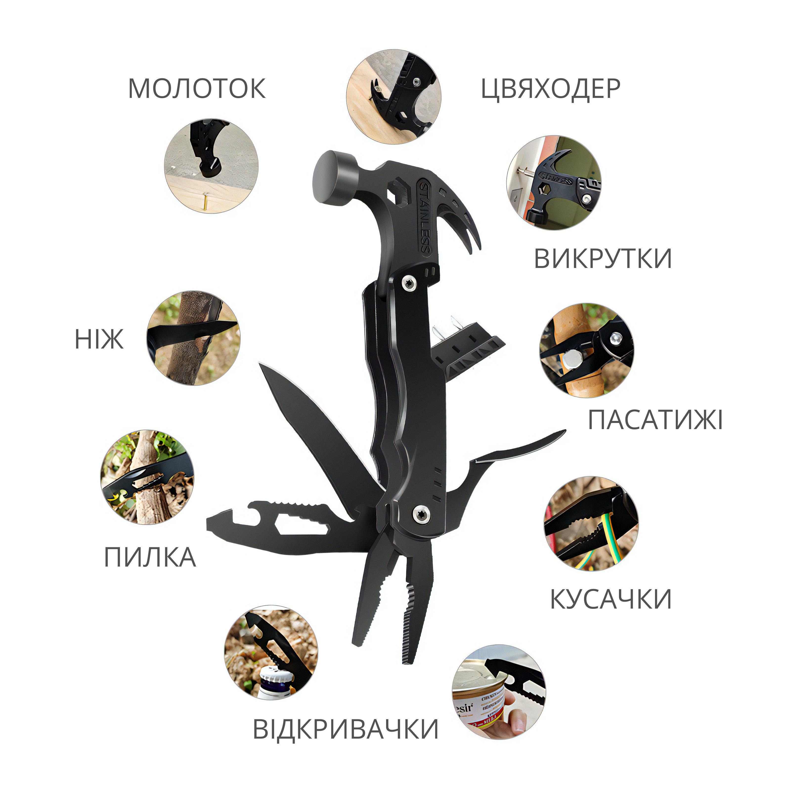 Інструмент мультифункціональний Multitool Claw Hammer 21в1 мультитул з молотком та цвяходером Чорний (11187480) - фото 2