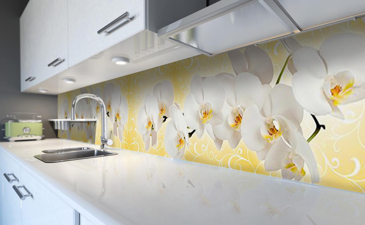 Кухонный фартук Белые орхидеи орнамент из самоклеющейся виниловой пленки 60х300 см Желтый