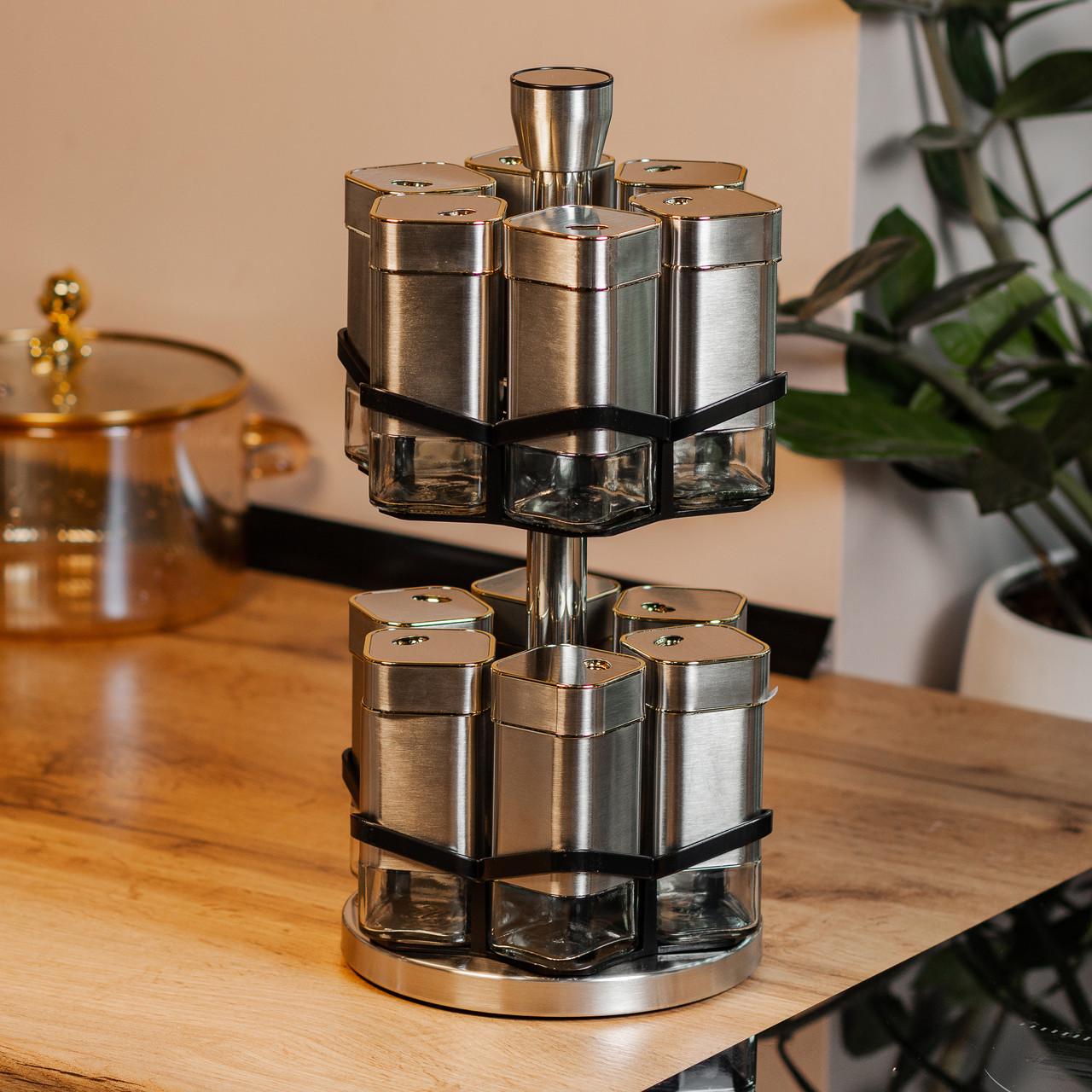 Набір баночок для спецій на підставці 12 шт. по 120 мл Хром/Золотий - фото 6