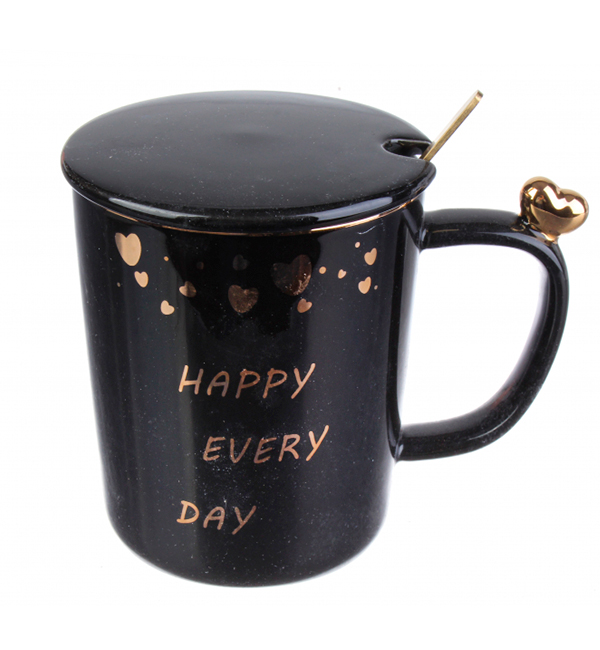 Чашка керамическая Happy Day 350 мл с ложечкой и крышечкой