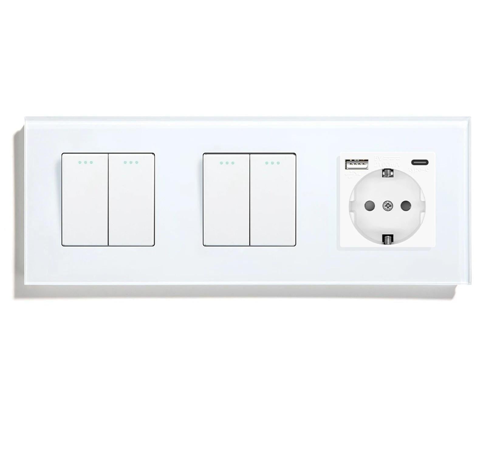 Выключатель универсальный LUXION проходной 4-клавишный 2-2 с розеткой USB A+C 20Вт с заземлением 16А 230 В Белый