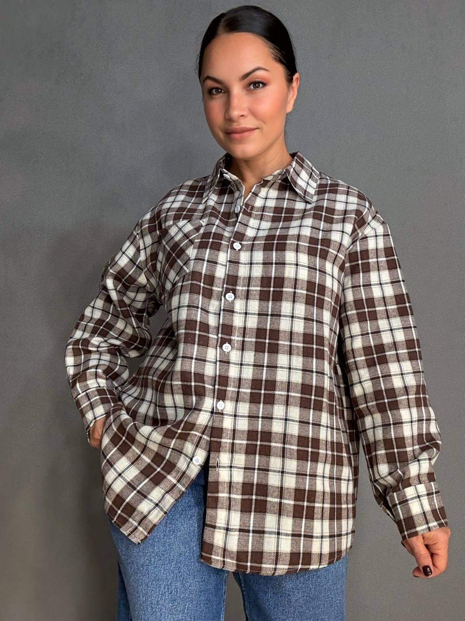 Рубашка женская Baoyu 225-1 в клетку оверсайз фланель OS Светло-коричневый (4764)