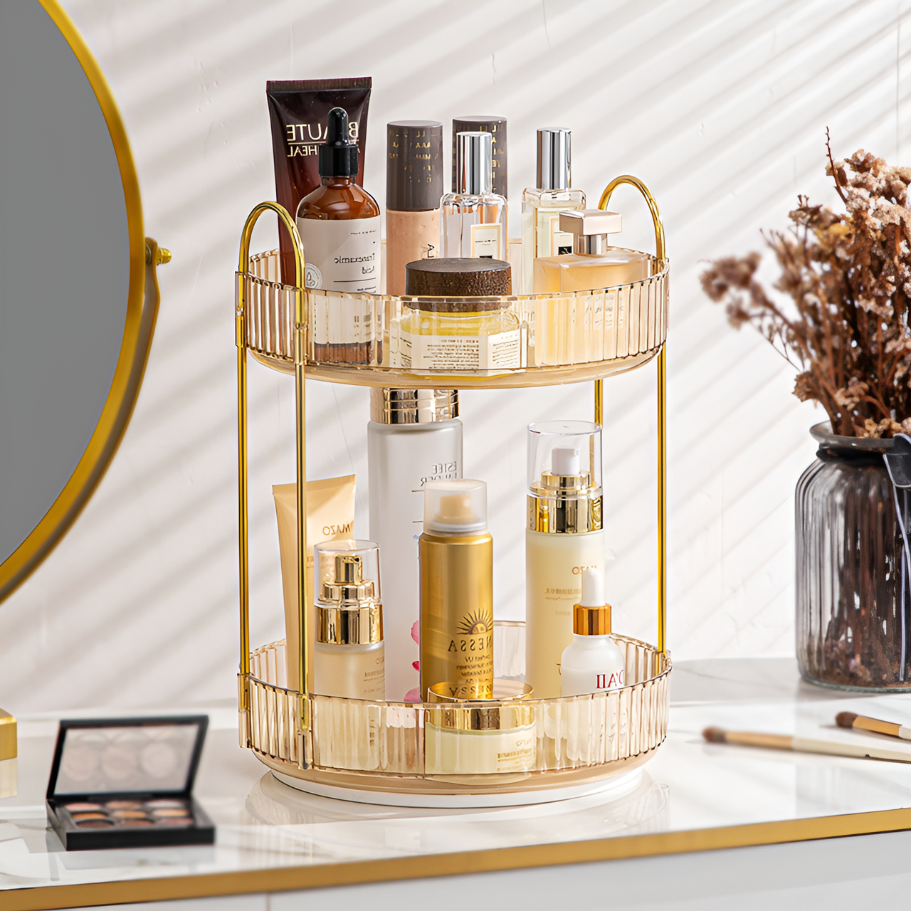 Органайзер для косметики пластиковий 2 яруси обертається на 360° Бурштиновий - фото 1