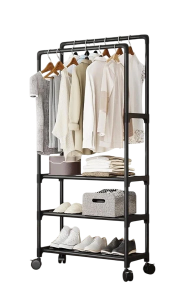 Вешалка-стойка на колесах для одежды и обуви MONKLE с полками двухъярусная Черный (2389)