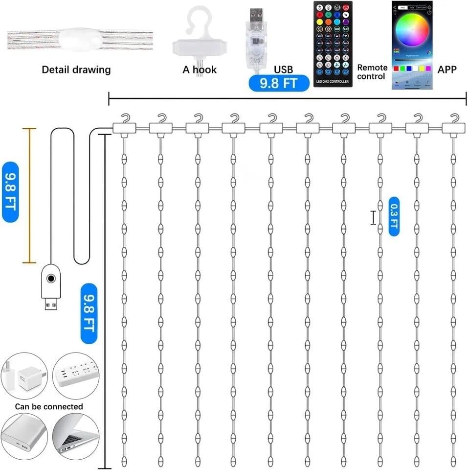 Гирлянда-штора умная SunLamp RGB интеллектуальное программирование управление приложением Control Smart APP 3х3 м (2413849723) - фото 2