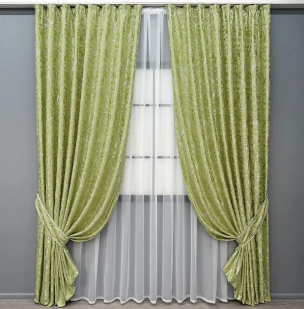 Шторы в гостиную Royal Textile лен мрамор 1,5х2,7м 2 шт. Светло-оливковый (2011ш 33-1304)
