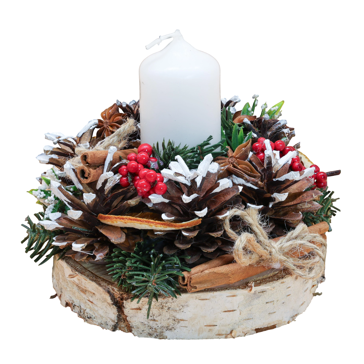 Новогодняя композиция GALA DECOR со свечой белой с шишками и украшениями на 9 основании 15 см (К1515)