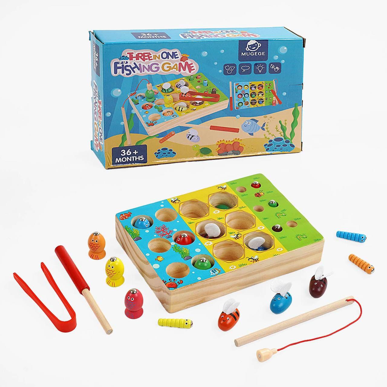 Игра деревянная 3в1 сортер-улей/магнитная рыбалка с червячками и рыбками (2539)