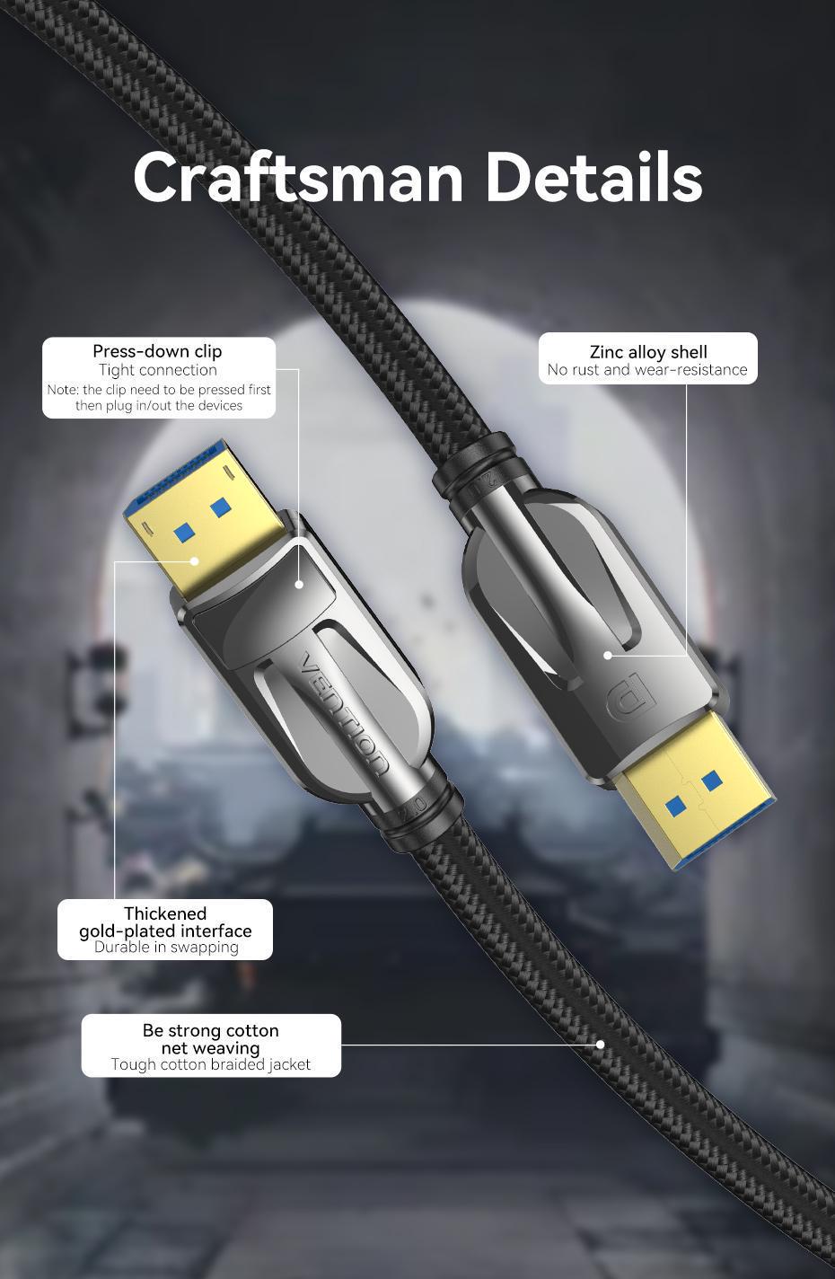 Кабель Vention DisplayPort 2.0 8K 60Hz 4K 144Hz 2K 165Hz 1080P 240Hz 40 Гбіт/с Gsync/Freesync 5 м Чорний (HGABJ) - фото 14