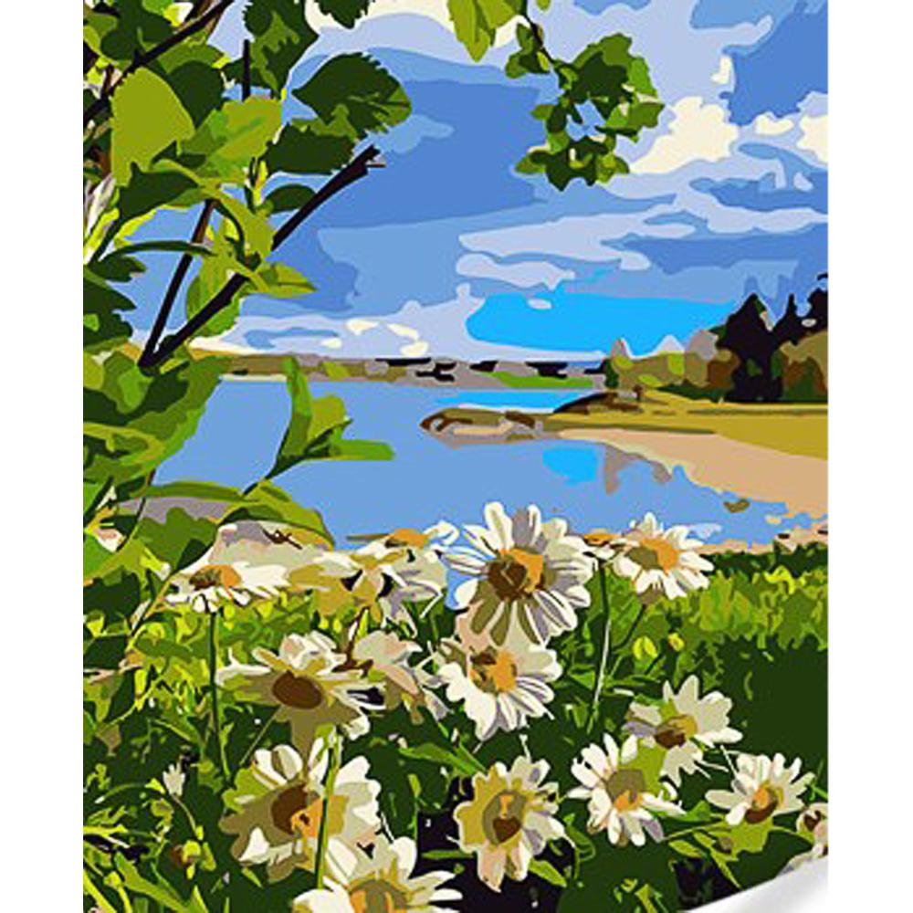 Картина за номерами Strateg Преміум Ромашки на березі озера з лаком та рівнем 30x40 см (Str-SS1033)