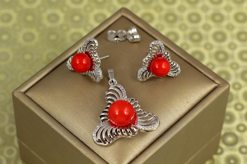 Набор Xuping Jewelry серьги гвоздики с кулоном Физализ с красной жемчужиной Серебристый (37839103)