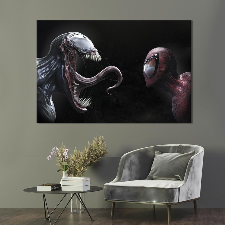 Настенный декор картина на холсте для интерьера Человек-паук и Веном 80x54 см (761-1)