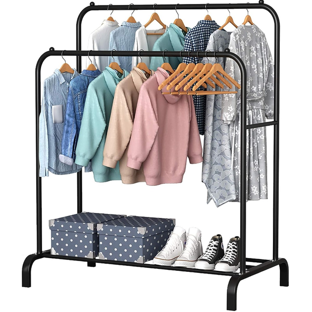 Стойка-вешалка двойная для одежды и обуви Loft Rack TW-608 стальная напольная с полкой Black (376030)