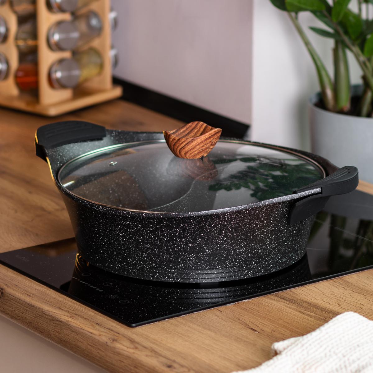 Кастрюля с разделителем MGC для шабу-шабу алюминиевая с антипригарным покрытием стеклянная крышка 4 л Черный (HP-4-413B) - фото 1