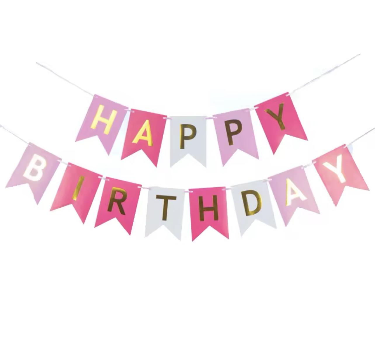 Флажки картонные Happy Birthday для праздника розовый (29012701)