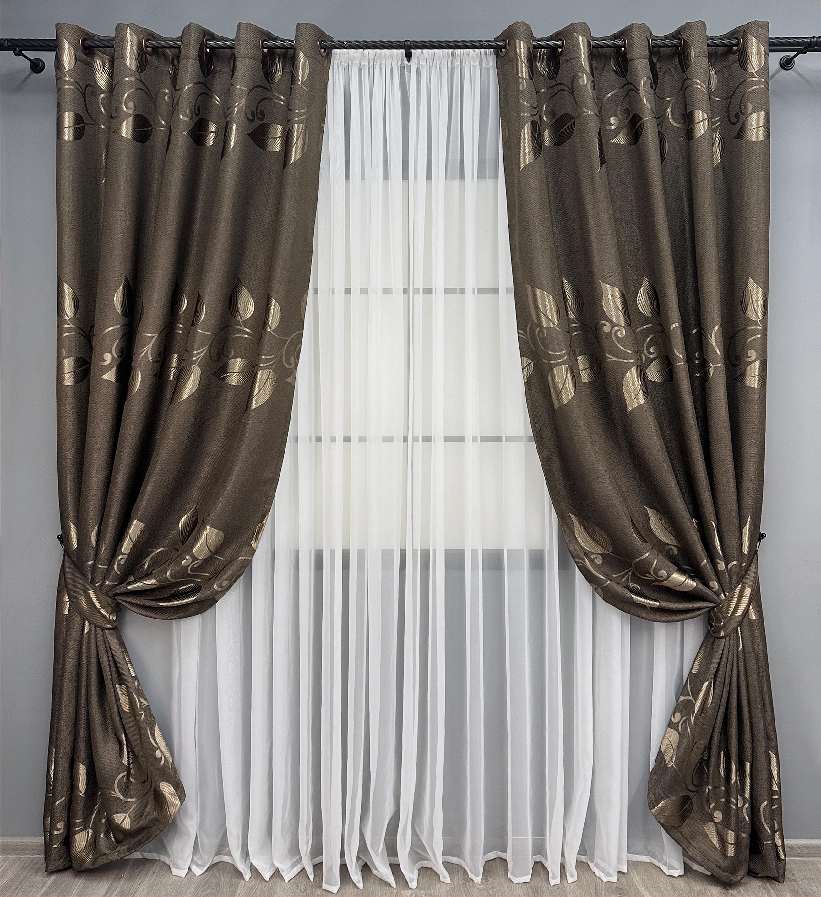 Комплект штор VR-Textil №1687ш лен рогожка Листья 150х250 см 2 шт. Венге (37-0245)