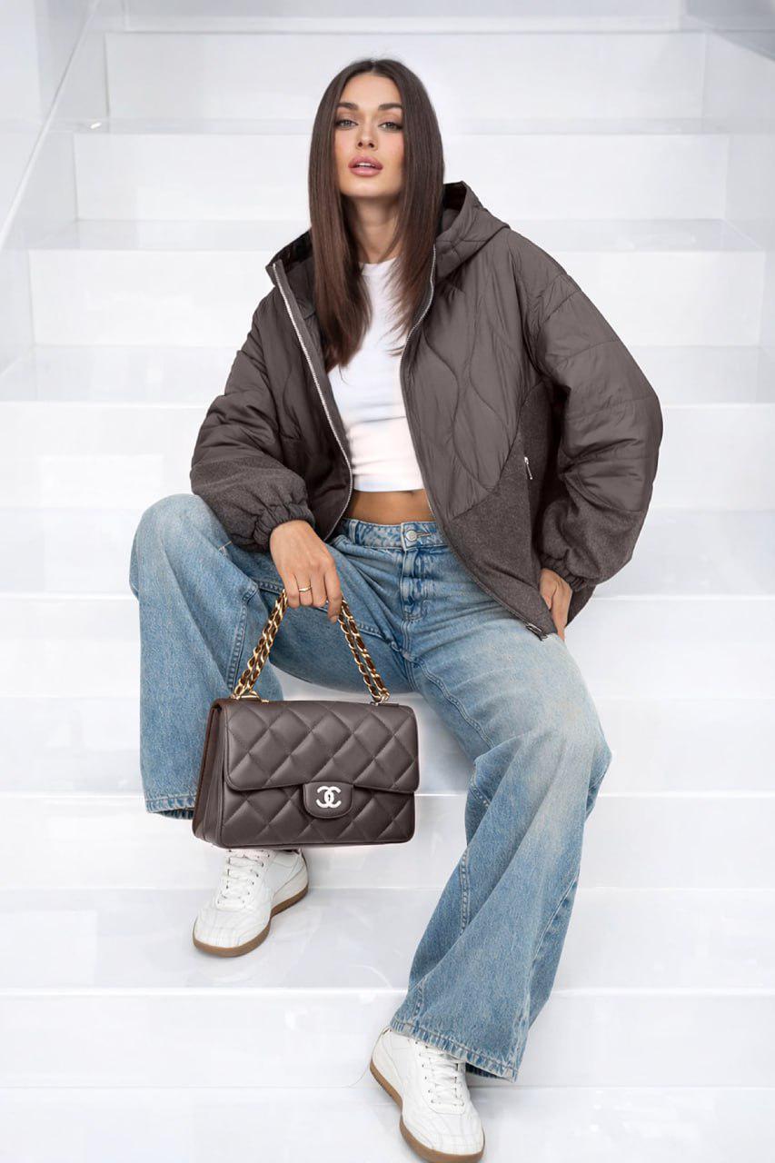 Куртка женская шерстяная комбинированная oversize р. 52 Шоколадный (33304936)