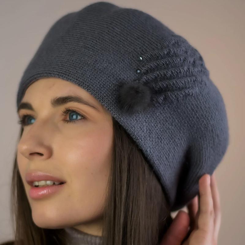 Берет женский двойной Lirus Ванеса с узором и стразами Джинсовый