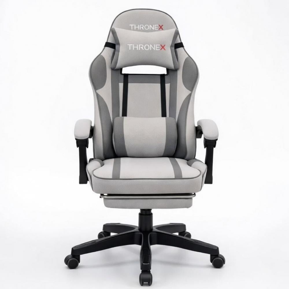 Кресло геймерское дизайнерское ThroneX тканевое с массажной подушкой/подножкой до 130 кг Светло-серый с графитом (linen 005)