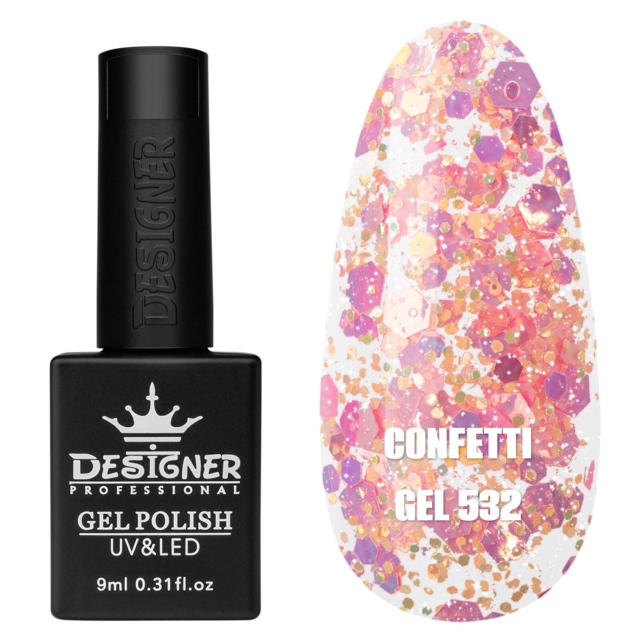 Гель-лак для маникюра Confetti gel Дизайнер с конфетти 9 мл Розовый с желтым №532