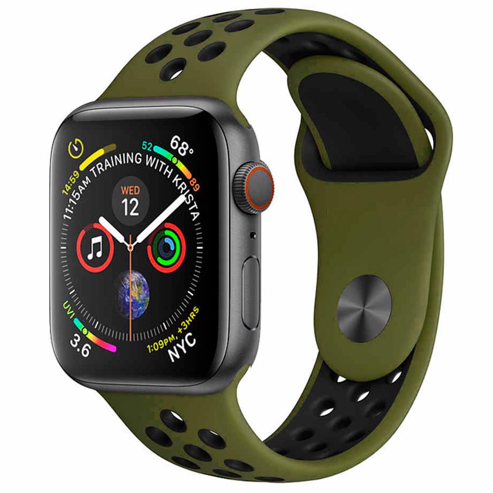 Ремешок силиконовый с перфорацией для Apple Watch 42/44/45 mm Series SE/7/6/5/4/3/2/1 Хаки-черный - фото 1