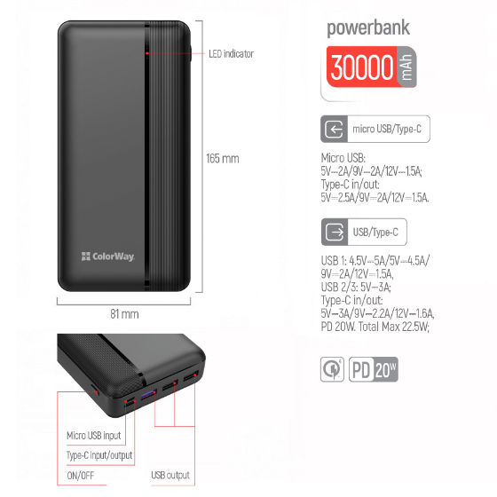 Повербанк ColorWay CW-PB300LPA3BK-PD 22,5W QC+PD 30000 mAh Чорний - фото 7