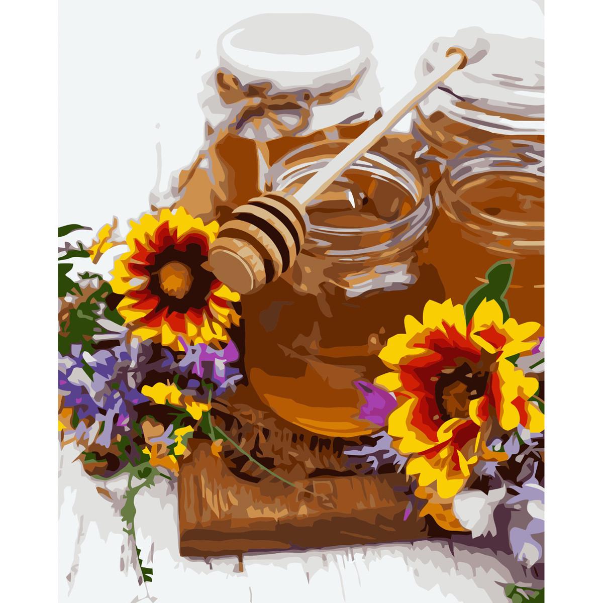 Картина по номерам Strateg Премиум Мед и цветы с лаком 40х50 см (VA-3622)