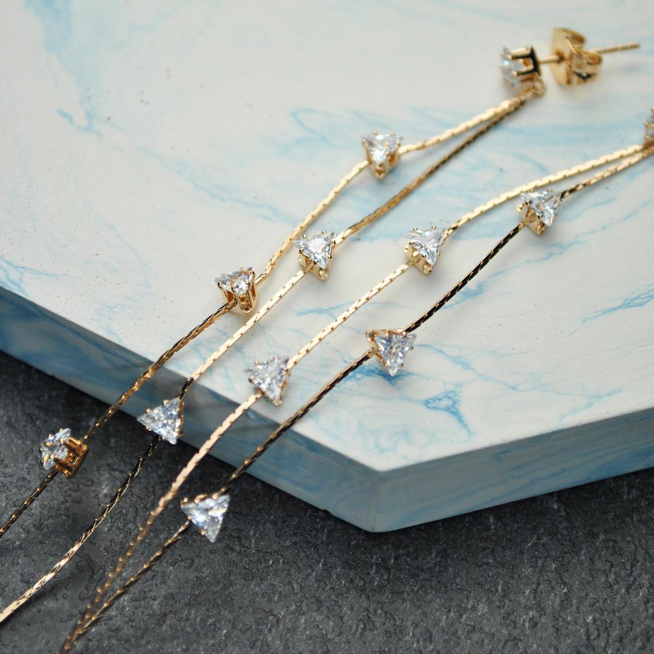 Сережки цвяшки довгі ланцюжки з фіанітами медична сталь позолота (x109) Сережки цвяшки довгі ланцюжки з фіанітами медична сталь позолота (x109)